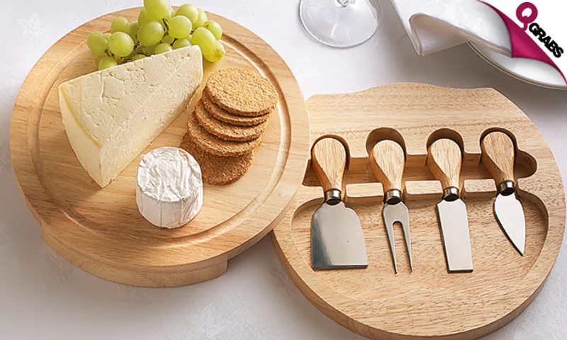 Round Cheese Board with 4-Piece Knife Set!